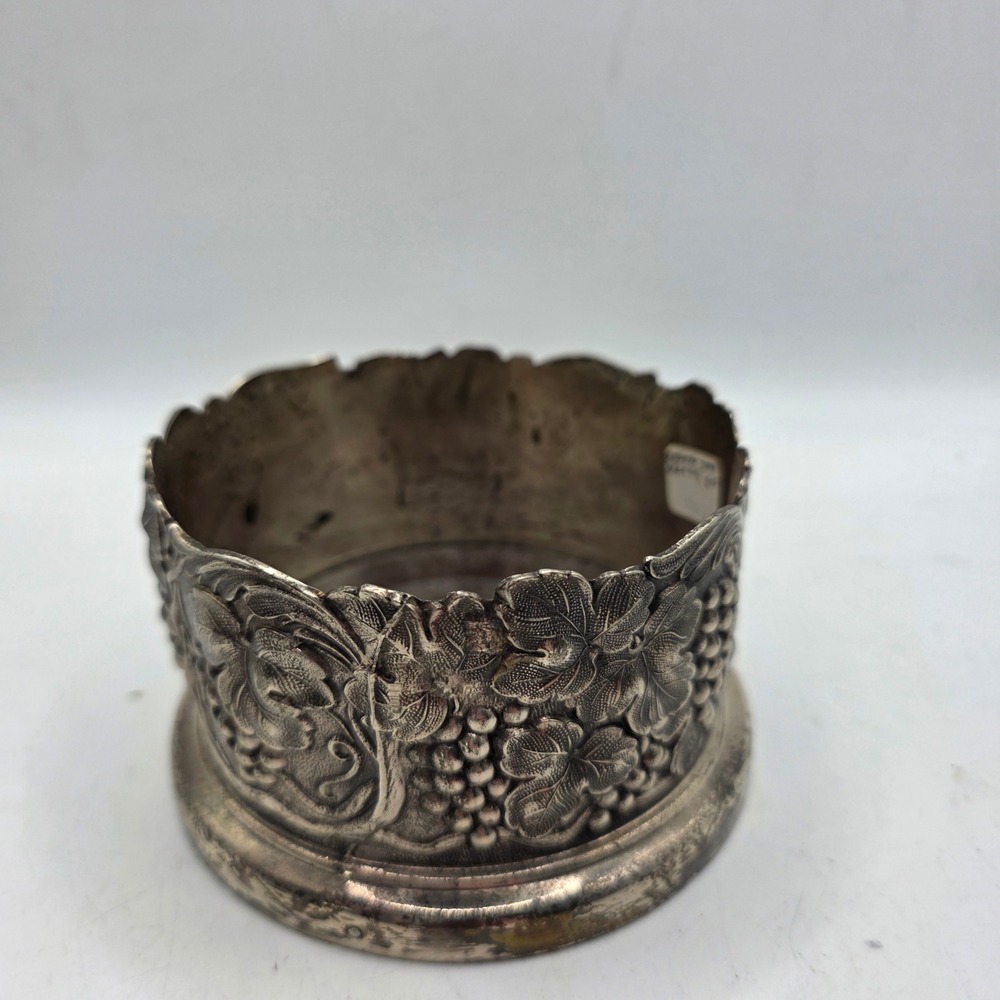 Vintage Silverplate Wine Bottle Coaster Grape Vine Leaf Repousse Wood Base Barwa